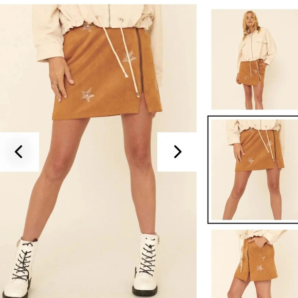 Promise Seeing Stars Embroidered Vegan Suede Mini Skirt, Size S Camel, Whimsical - Picture 4 of 4
